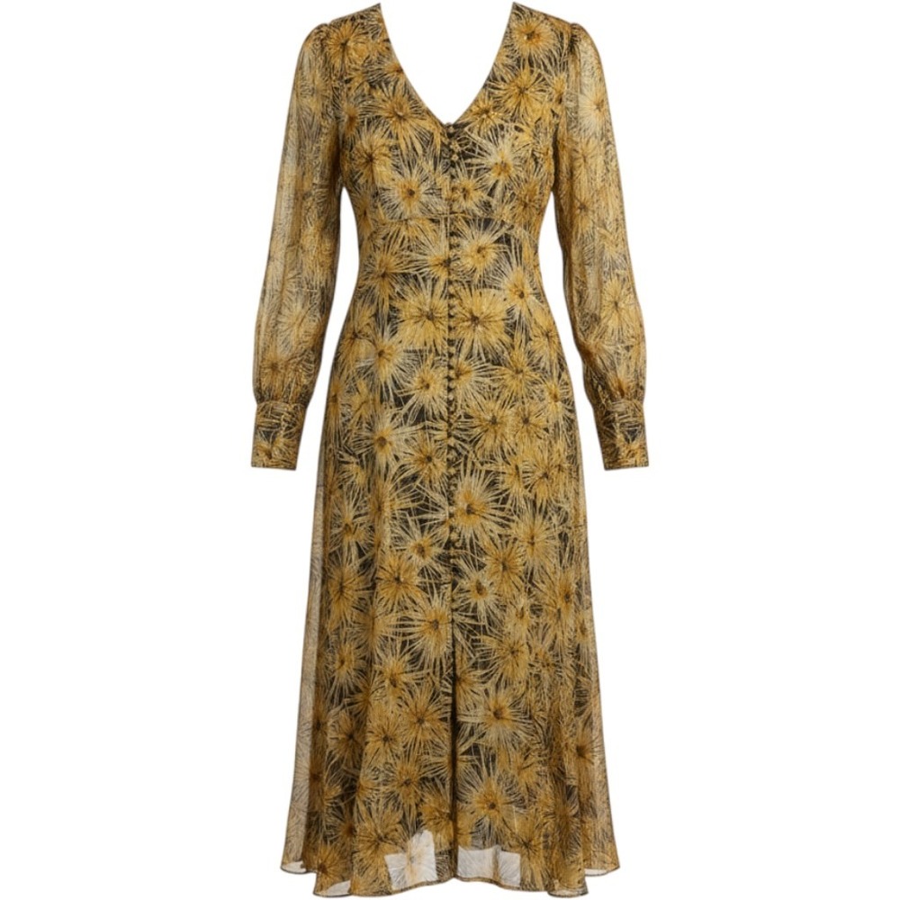 The Kooples Gold Metallic Sunburst Floral Button Front Midi Dress Size 1 NEW